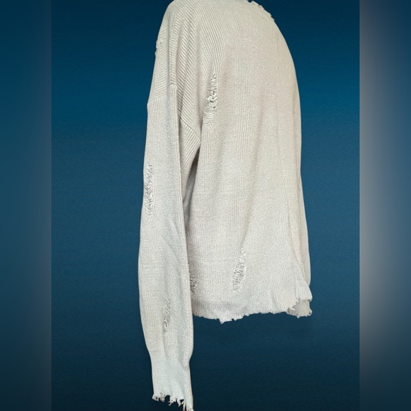 Forever 21 Women’s Distressed Knit Sweater Beige Tan M Oversized Slouchy V-Neck - Picture 8 of 13